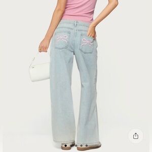 Edikted Light Wash Wide Leg Jeans with Pink Bow Embroidery